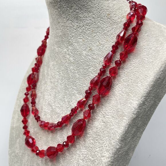 Artisan Red Glass Beaded Two Layer Necklace Statement Stunning One of a Kind - Picture 3 of 7